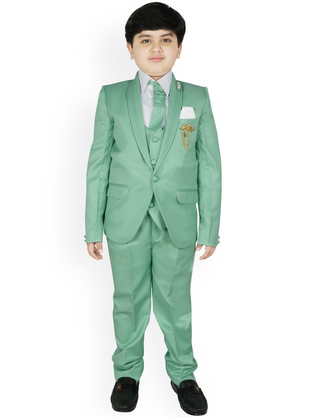 

SG YUVRAJ Boys Green & White Solid 5-Piece Single-Breasted Partywear Suit