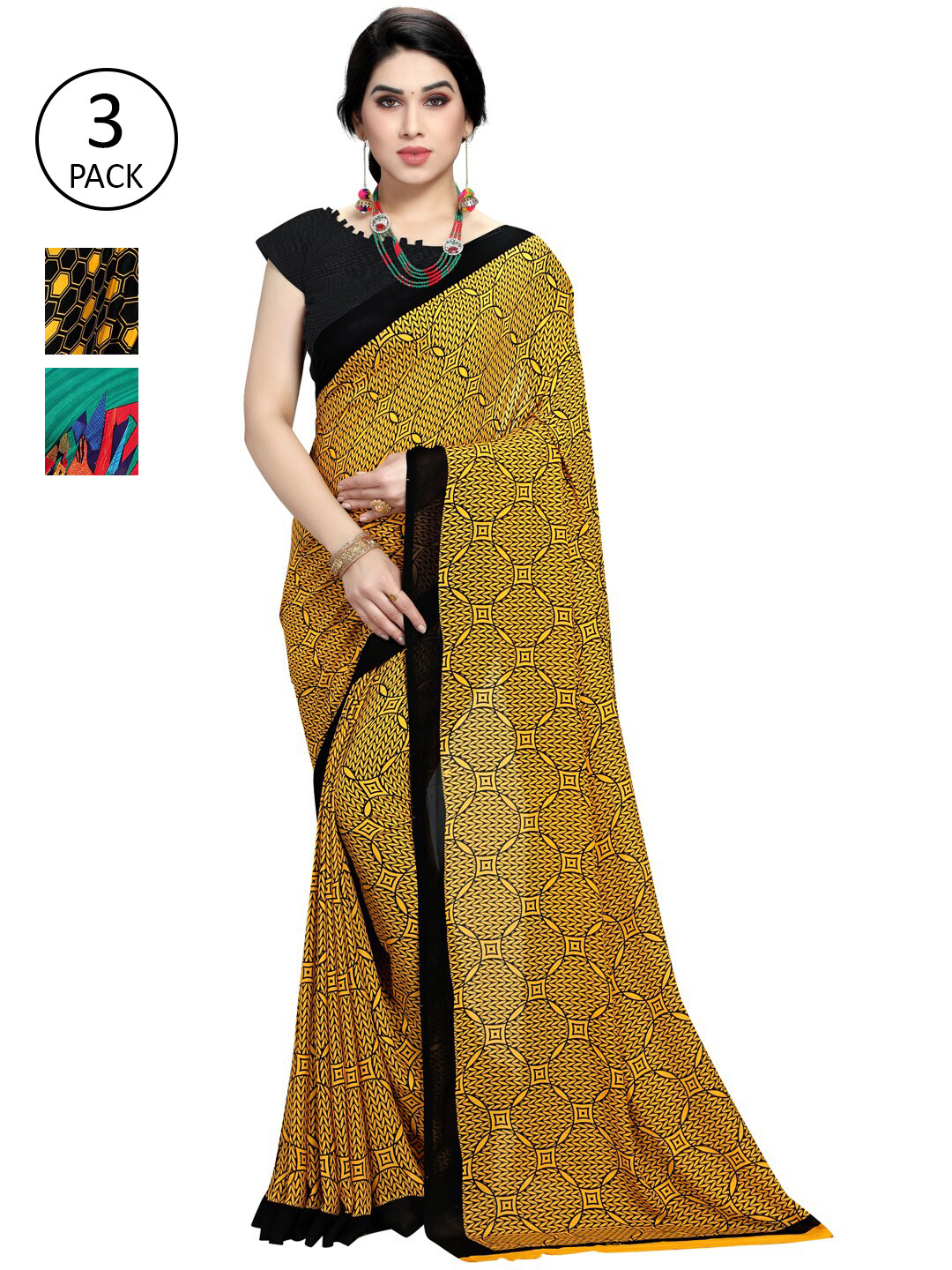 

KALINI Pack Of 3 Black & Yellow Saree