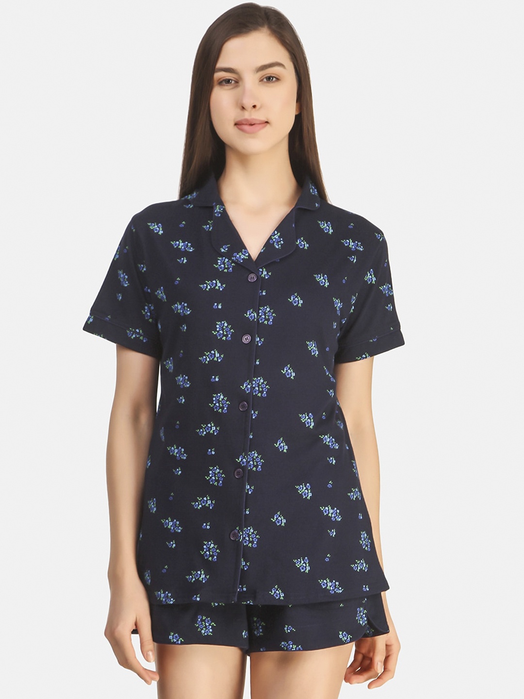 

Masha Women Navy Blue & Green Printed Night suit