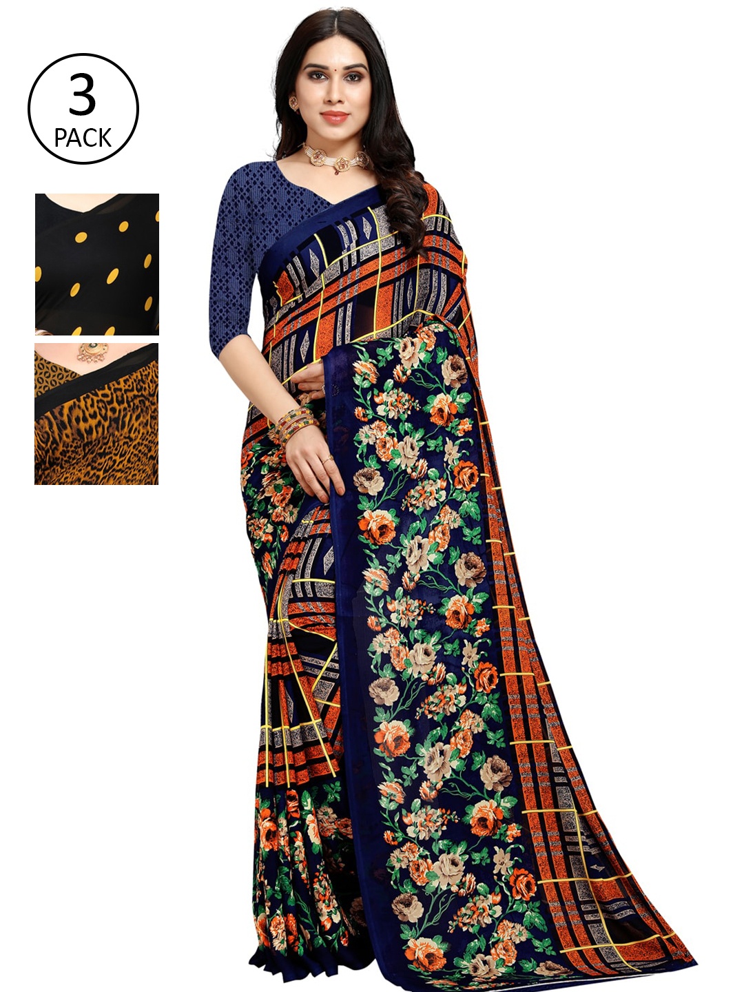 

KALINI Pack Of 3 Printed Sarees, Black