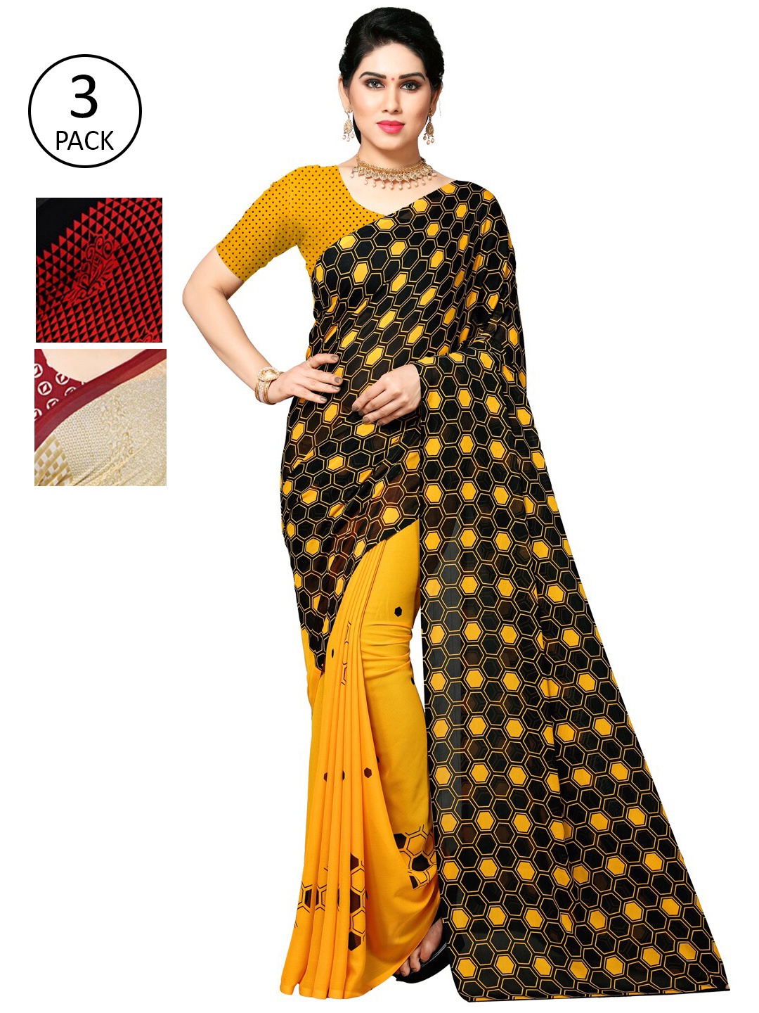 

KALINI Yellow & Red Pack of 3 Printed Saree