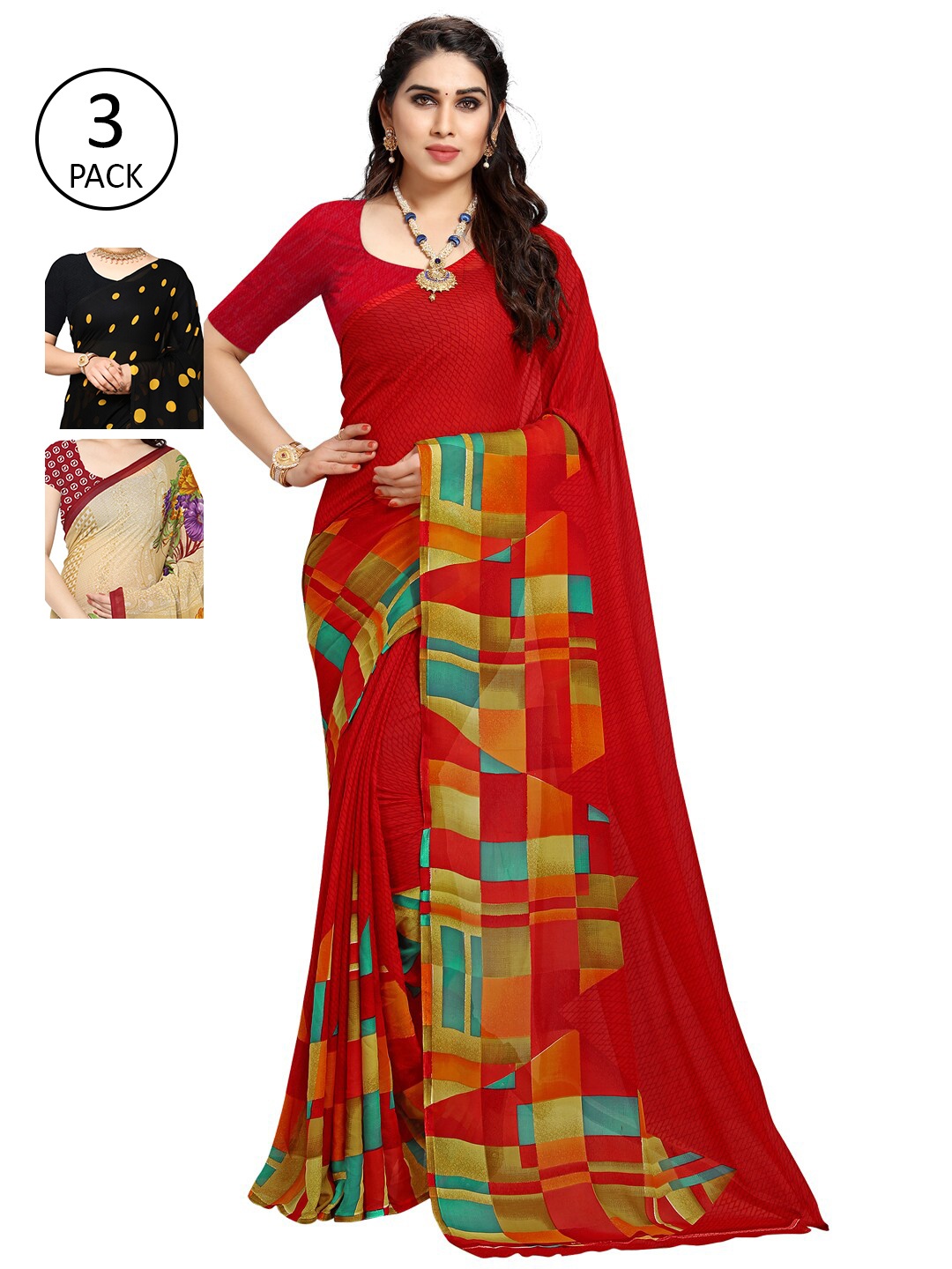 

KALINI Multicoloured Set of 3 Poly Georgette Saree, Multi