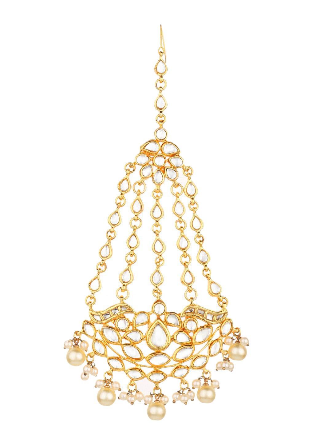 

Runjhun Gold-Plated White Kundan-Studded & Beaded Jhumar Passa Maang Tikka