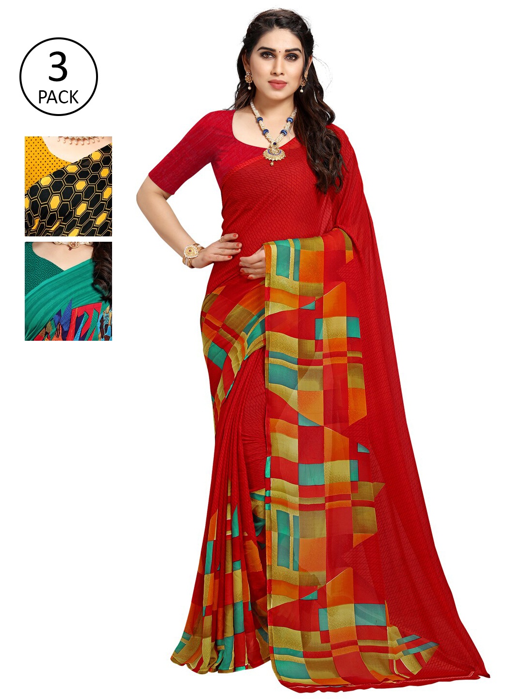 

KALINI Pack of 3 Printed Poly Georgette Sarees, Multi