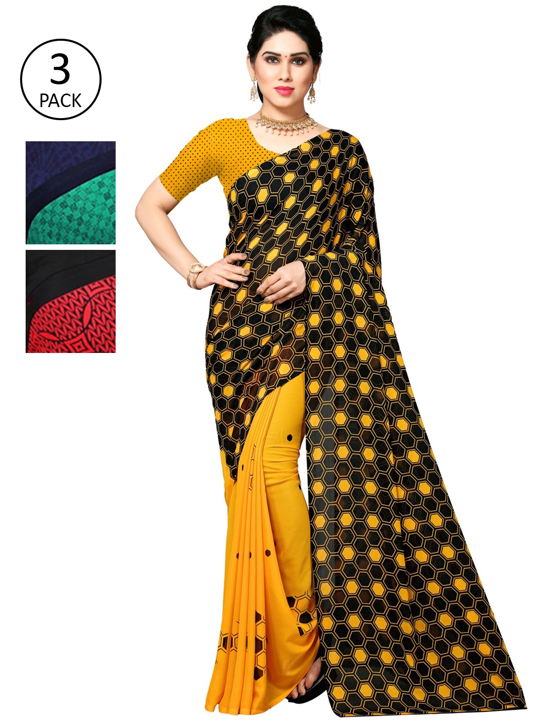 KALINI Pack Of 3 Multicoloured Poly Georgette Sarees, Multi