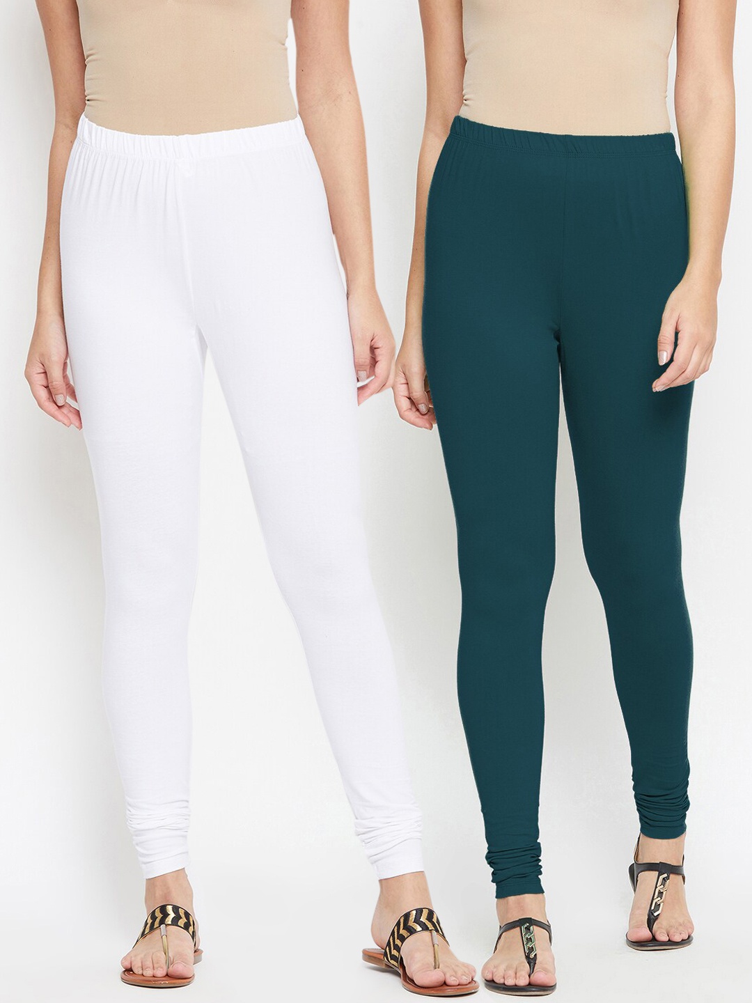 

Bitterlime Women Pack Of 2 Solid Churidar-Length Cotton Leggings, White