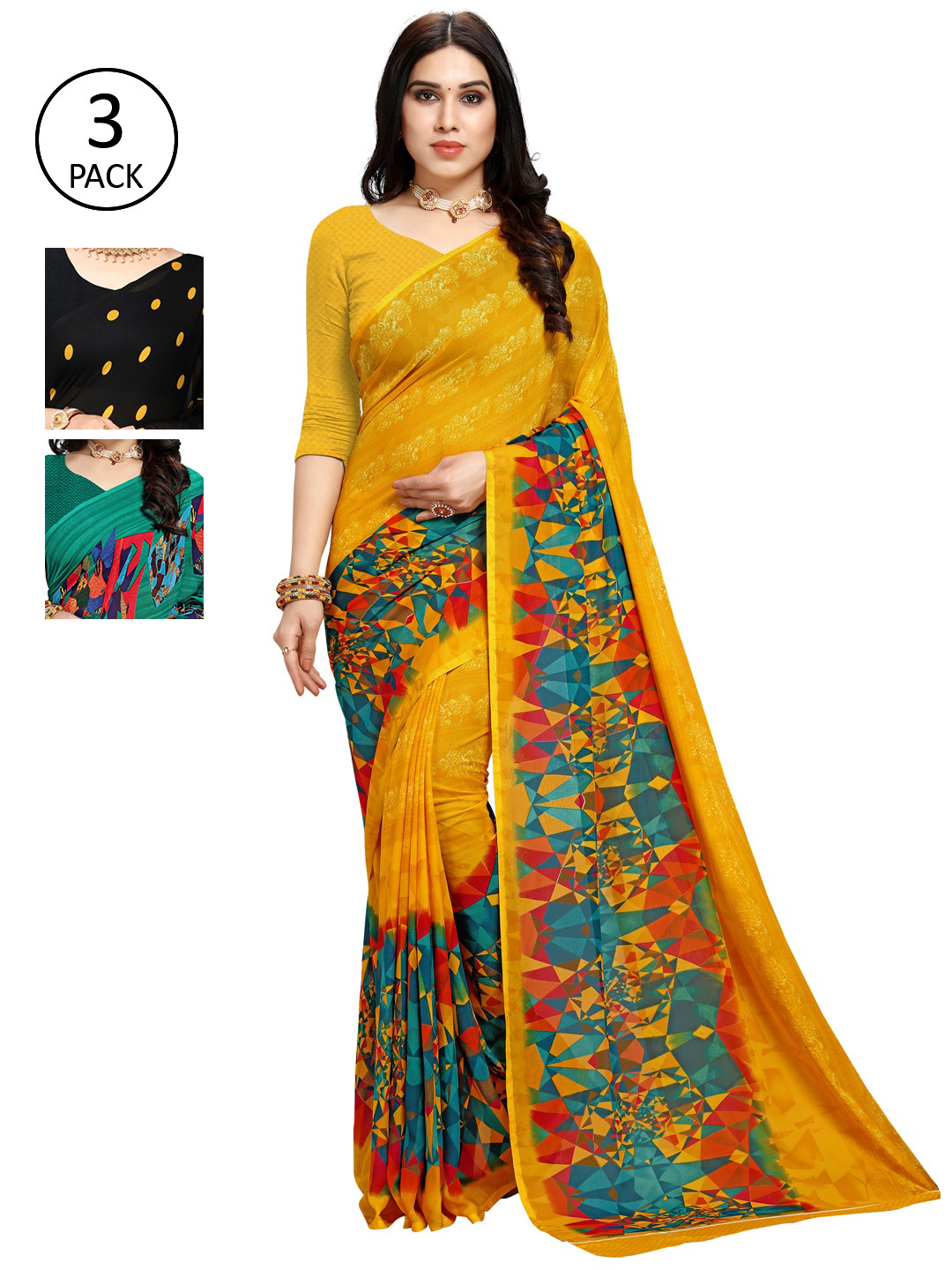 

KALINI Multicoloured Set of 3 Poly Georgette Saree, Multi