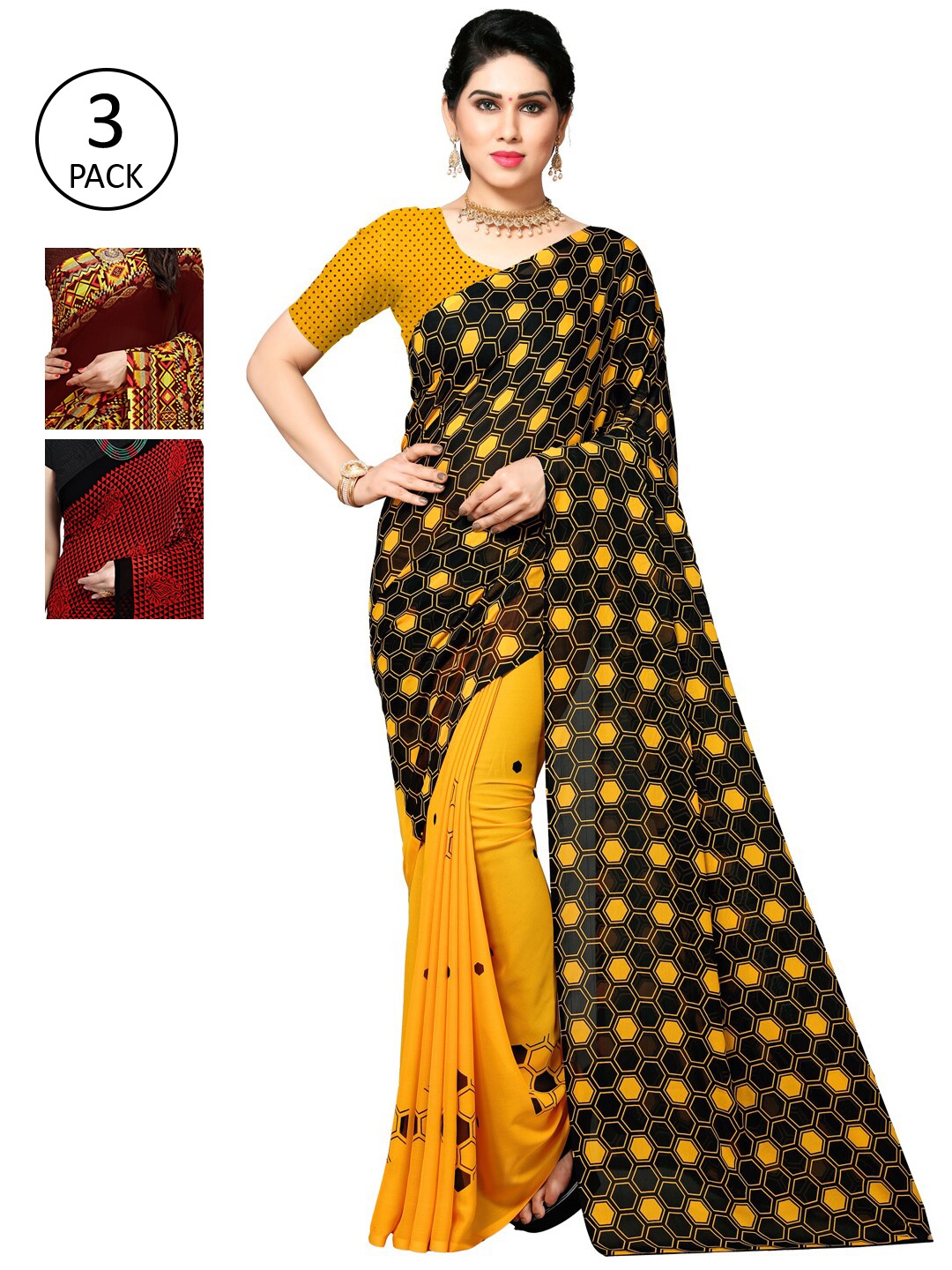 

KALINI Pack Of 3 Black & Yellow Saree