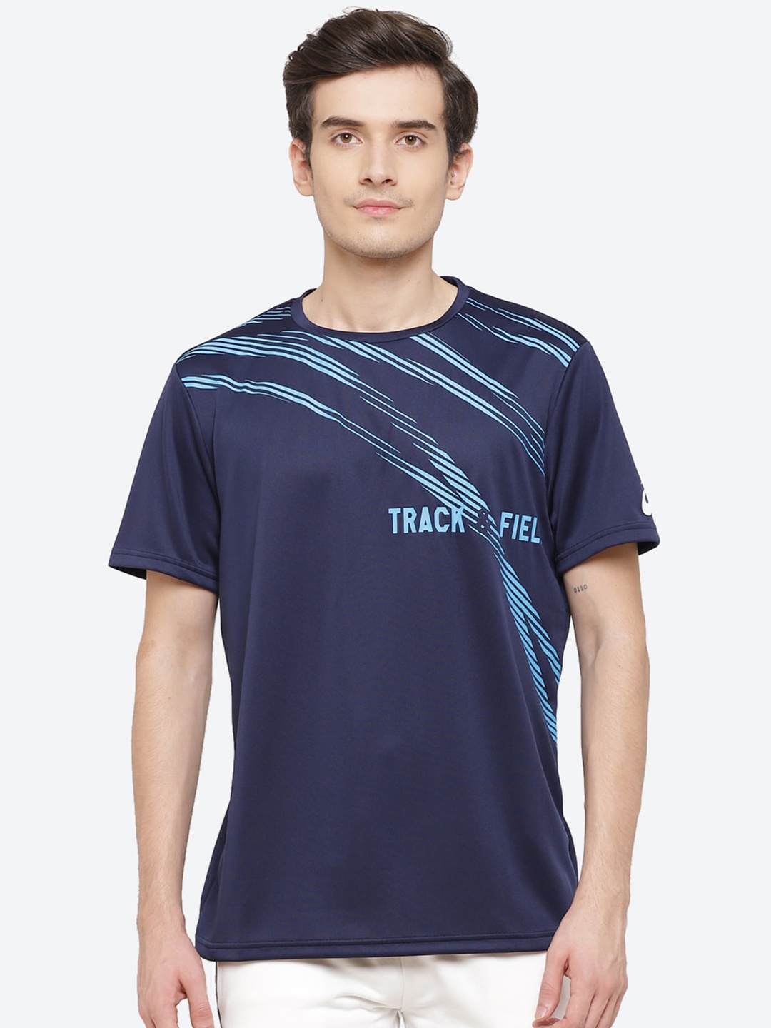 

ASICS Track Ss Men Blue Printed Applique T-shirt
