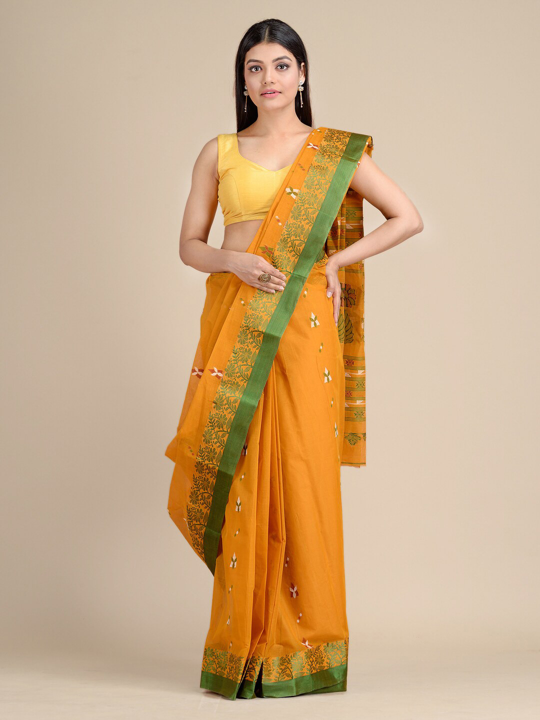 

Mitera Orange & Green Floral Pure Cotton Jamdani Saree