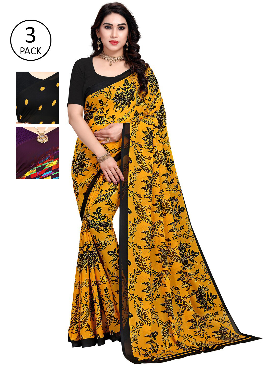 

KALINI Pack of 3 Printed Poly Georgette Saree, Multi