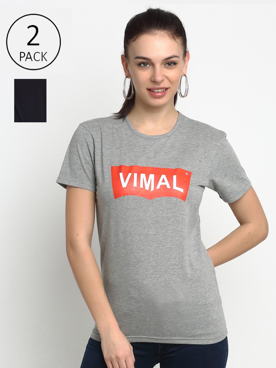 

MACK JONNEY Women Grey & Navy Blue Set of 2 Typography Printed T-shirt