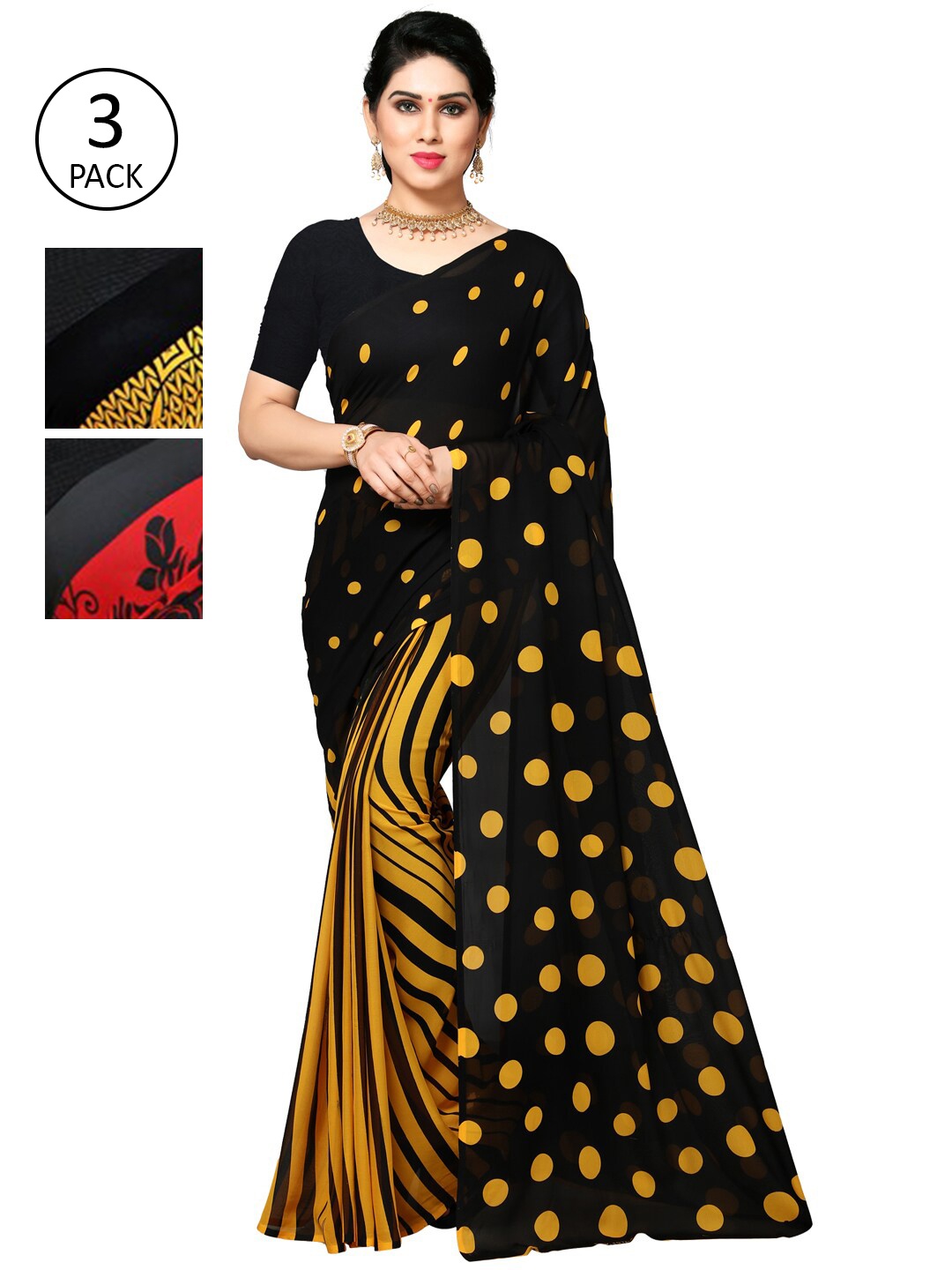 

KALINI Pack of 3 Poly Georgette Printed Sarees, Mustard