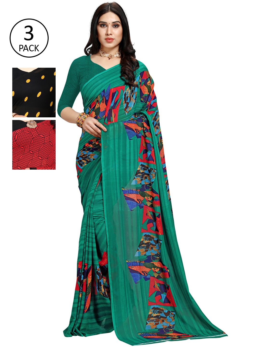 

KALINI Pack Of 3 Black & Teal Green Saree
