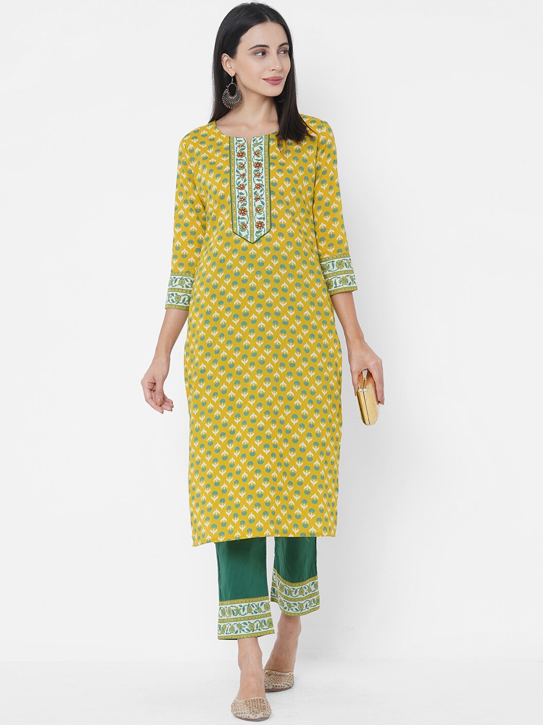 

FASHOR Women Mustard Yellow Floral Printed Pure Cotton Kurta with Pyjamas & With Dupatta