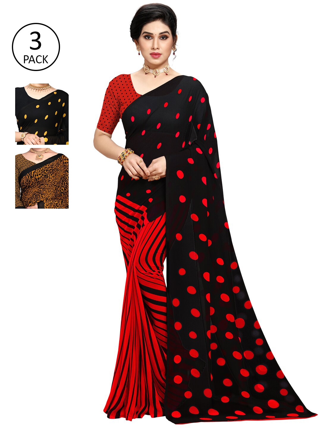 

ANAND SAREES Pack of 3 Poly Georgette Sarees, Black