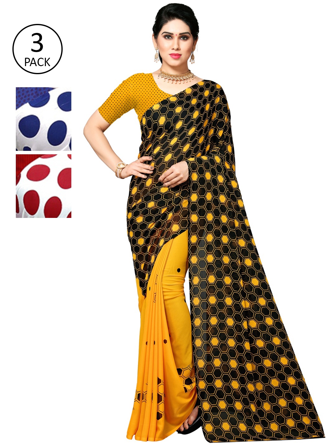 

KALINI Multicoloured Set of 3 Poly Georgette Saree, Multi
