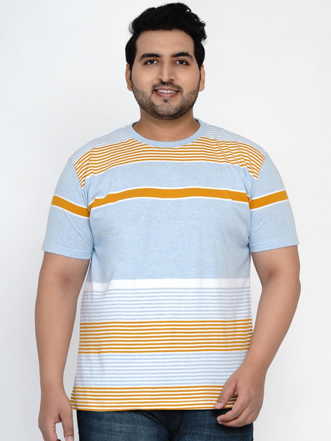 

John Pride Men Blue & Orange Striped Round neck T-shirt