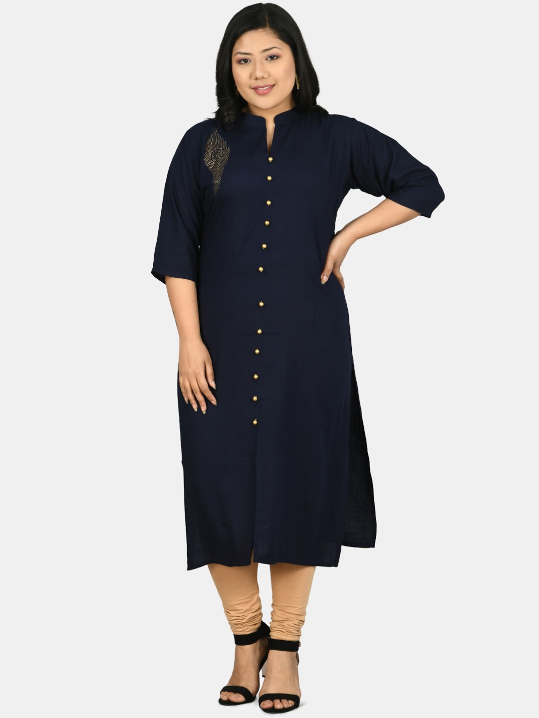 

PrettyPlus by Desinoor.com Women Navy Blue & Gold-Toned Peacock Work Kurta