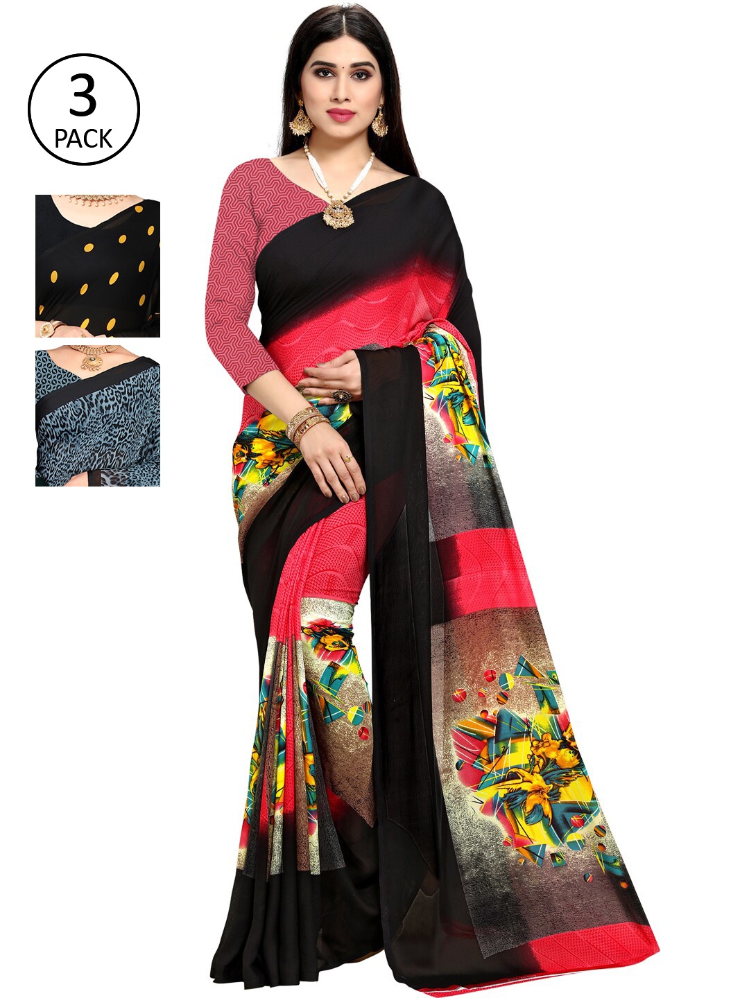 

ANAND SAREES Pack Of 3 Yellow & Black Saree