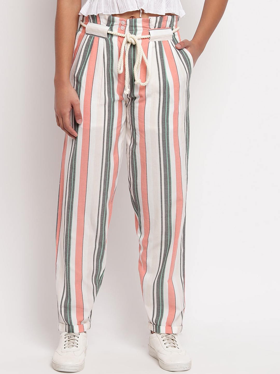 

OTORVA Women Multicoloured Striped Straight Fit Parallel Trousers, Multi