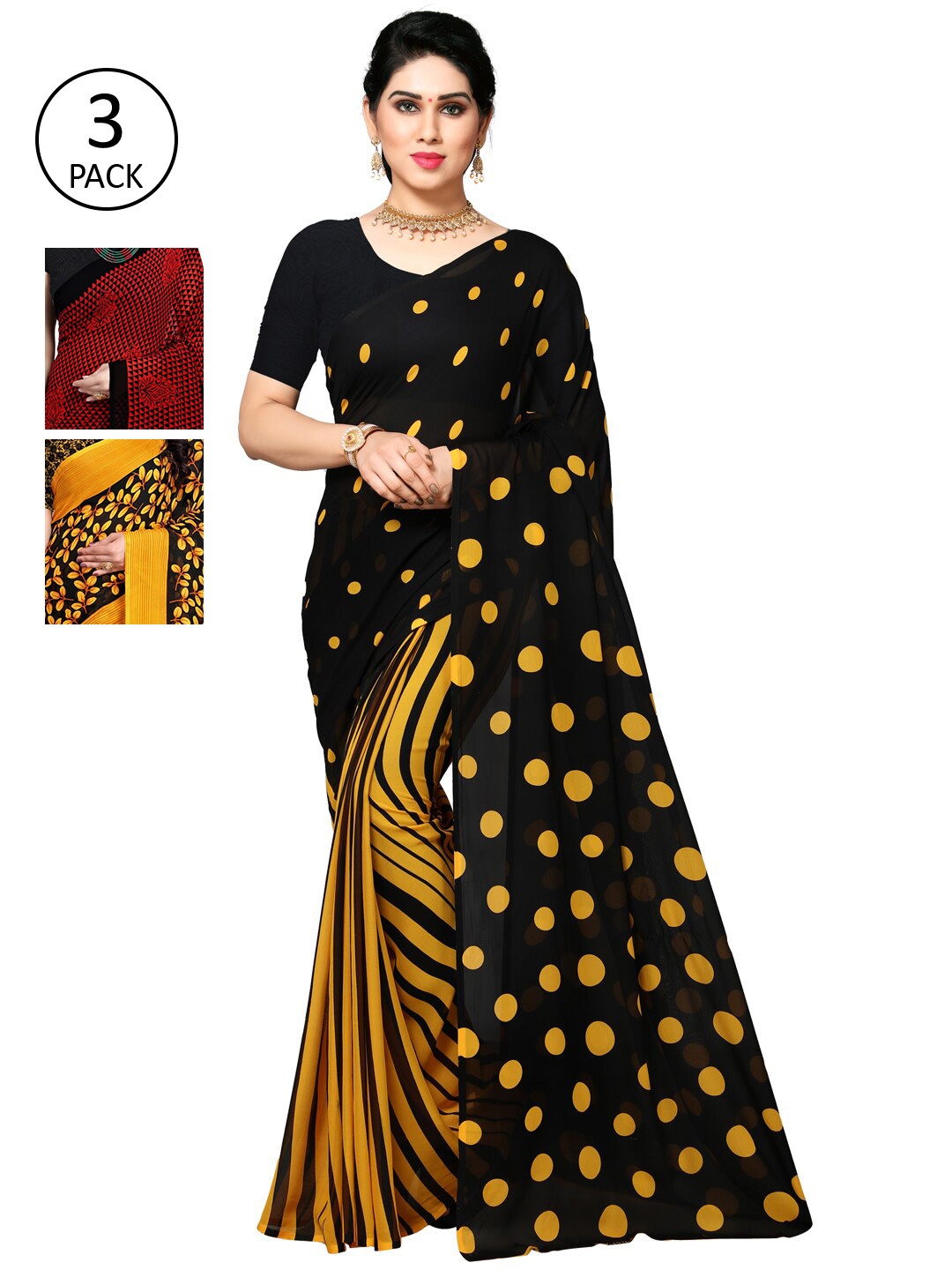 

KALINI Pack of 3 Poly Georgette Sarees, Red