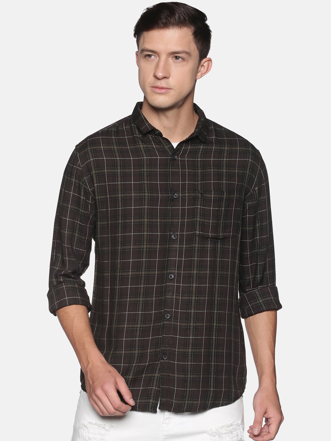 

SHOWOFF Men Brown Slim Fit Tartan Checked Casual Shirt