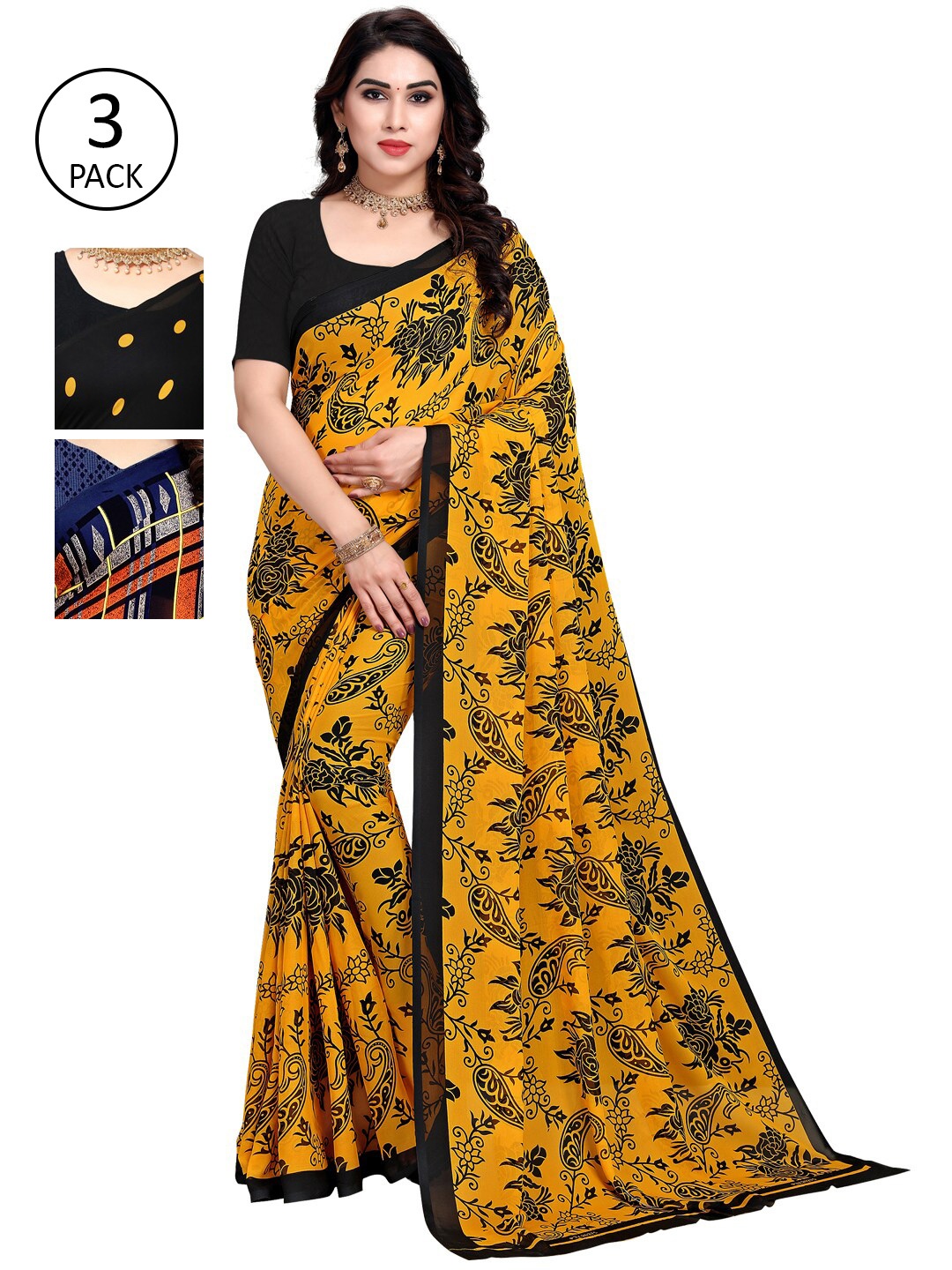 

KALINI Pack Of 3 Printed Sarees, Yellow