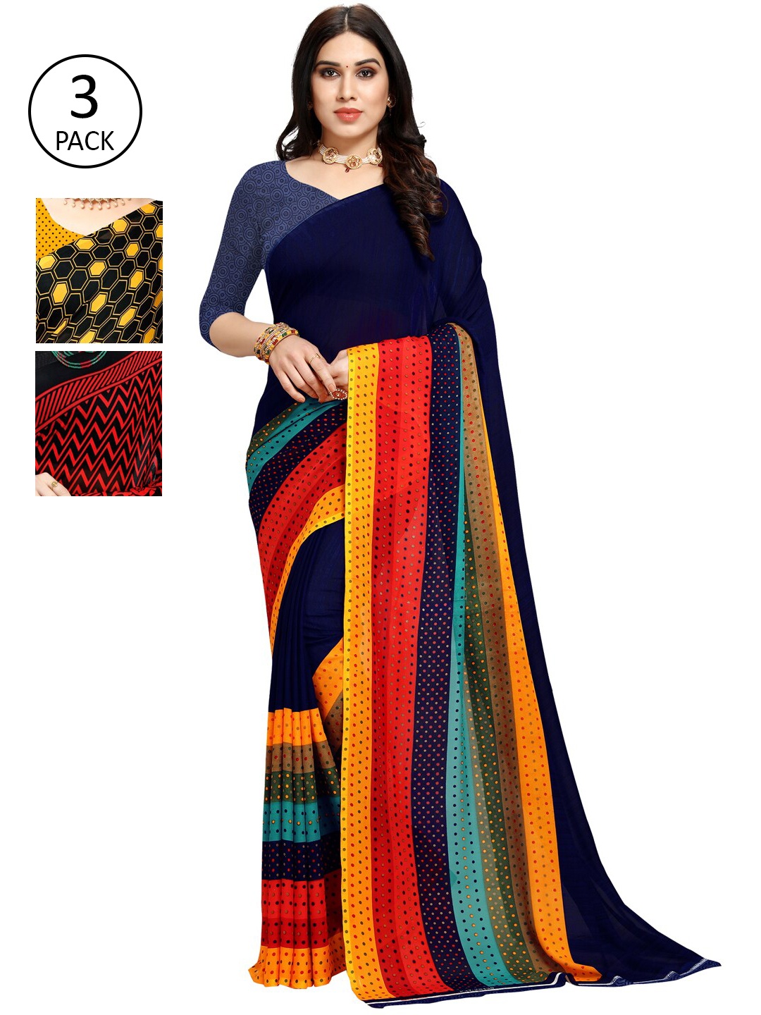 KALINI Pack of 3 Printed Poly Georgette Sarees, Multi