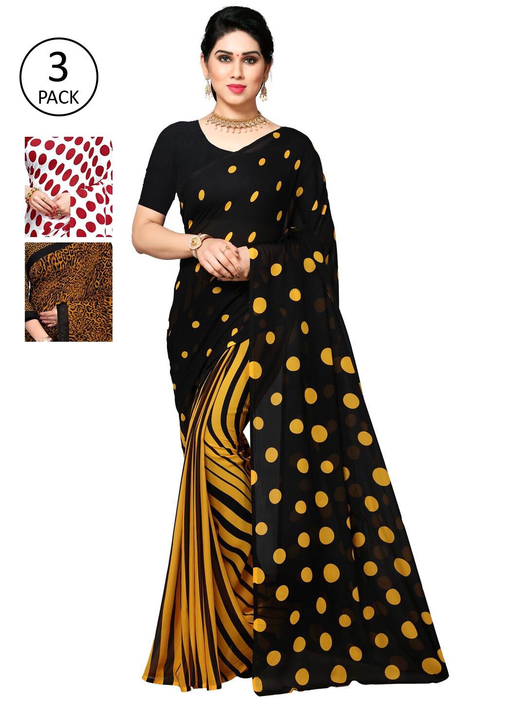 ANAND SAREES Pack Of 3 Poly Georgette Sarees, Black