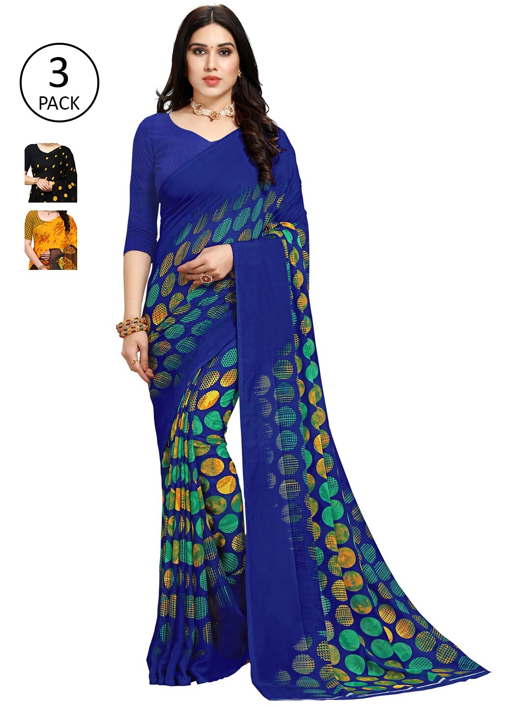 

KALINI Pack of 3 Printed Poly Georgette Saree, Multi