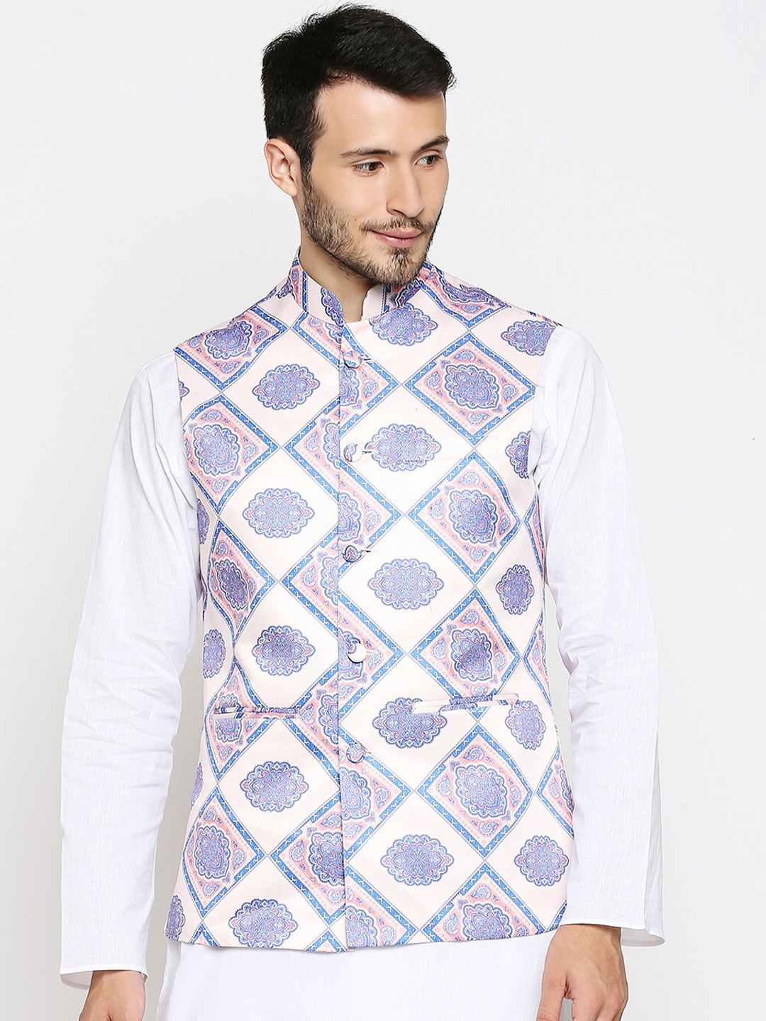 

Blacksmith Men White & Pink Printed Satin Nehru Jacket