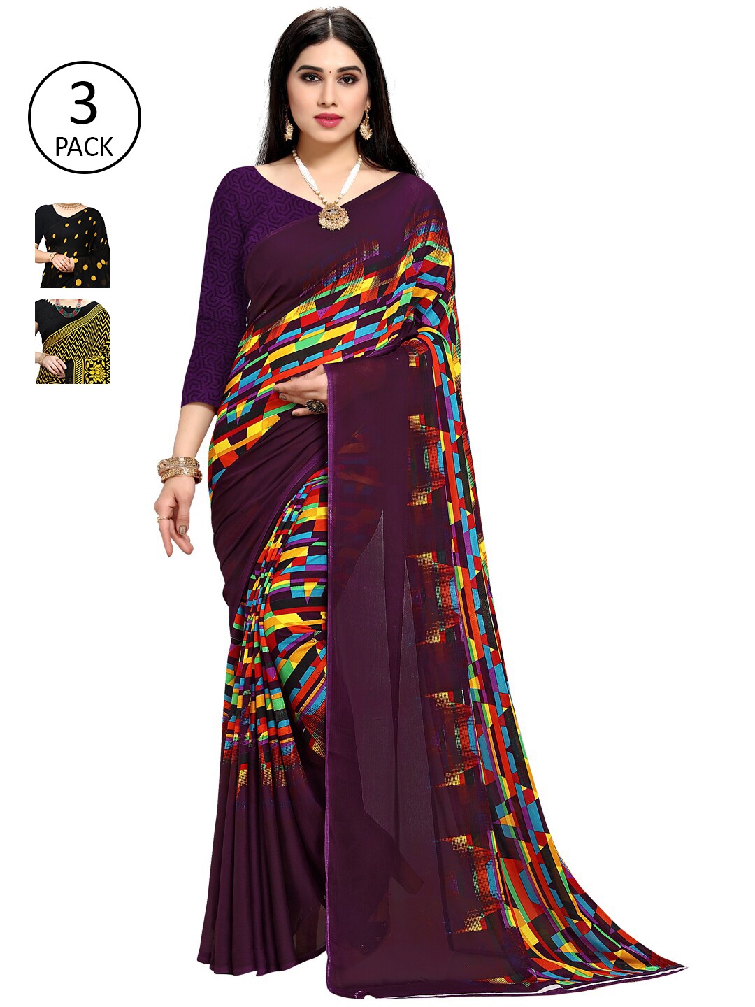 

KALINI Pack Of 3 Yellow & Black Saree