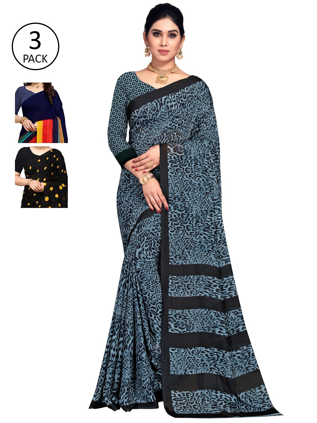 

KALINI Pack Of 3 Printed Sarees, Black