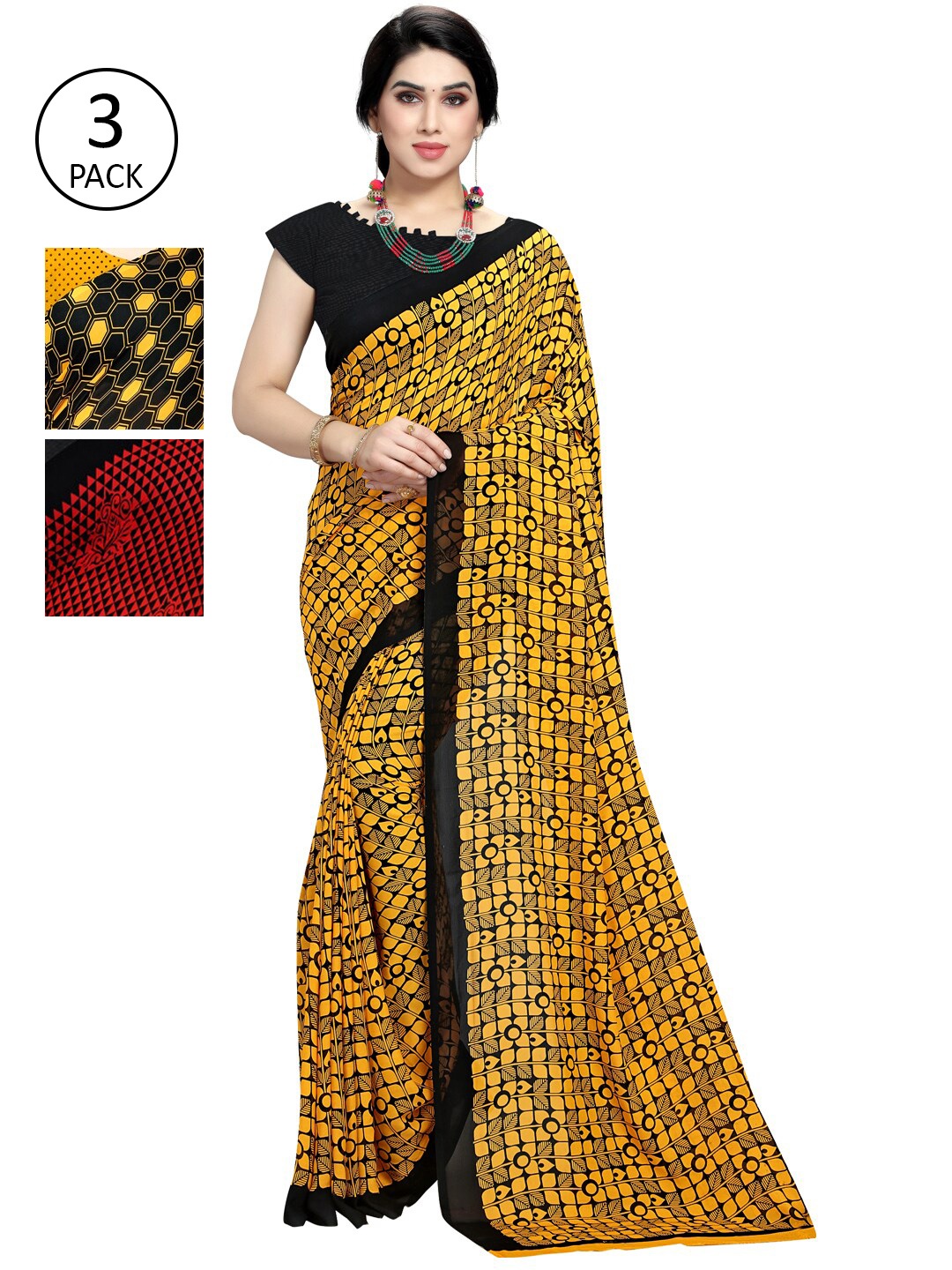 

KALINI Pack Of 3 Yellow & Red Poly Georgette Saree