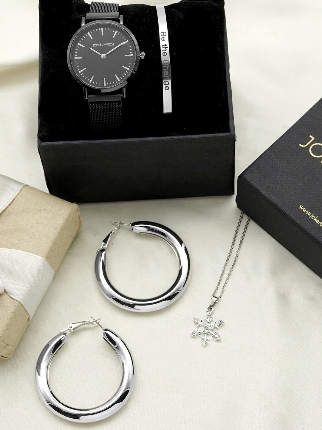 

JOKER & WITCH Women Black & Silver-Toned Sugar Candy Love Stack Watch Gift Set JWLS211