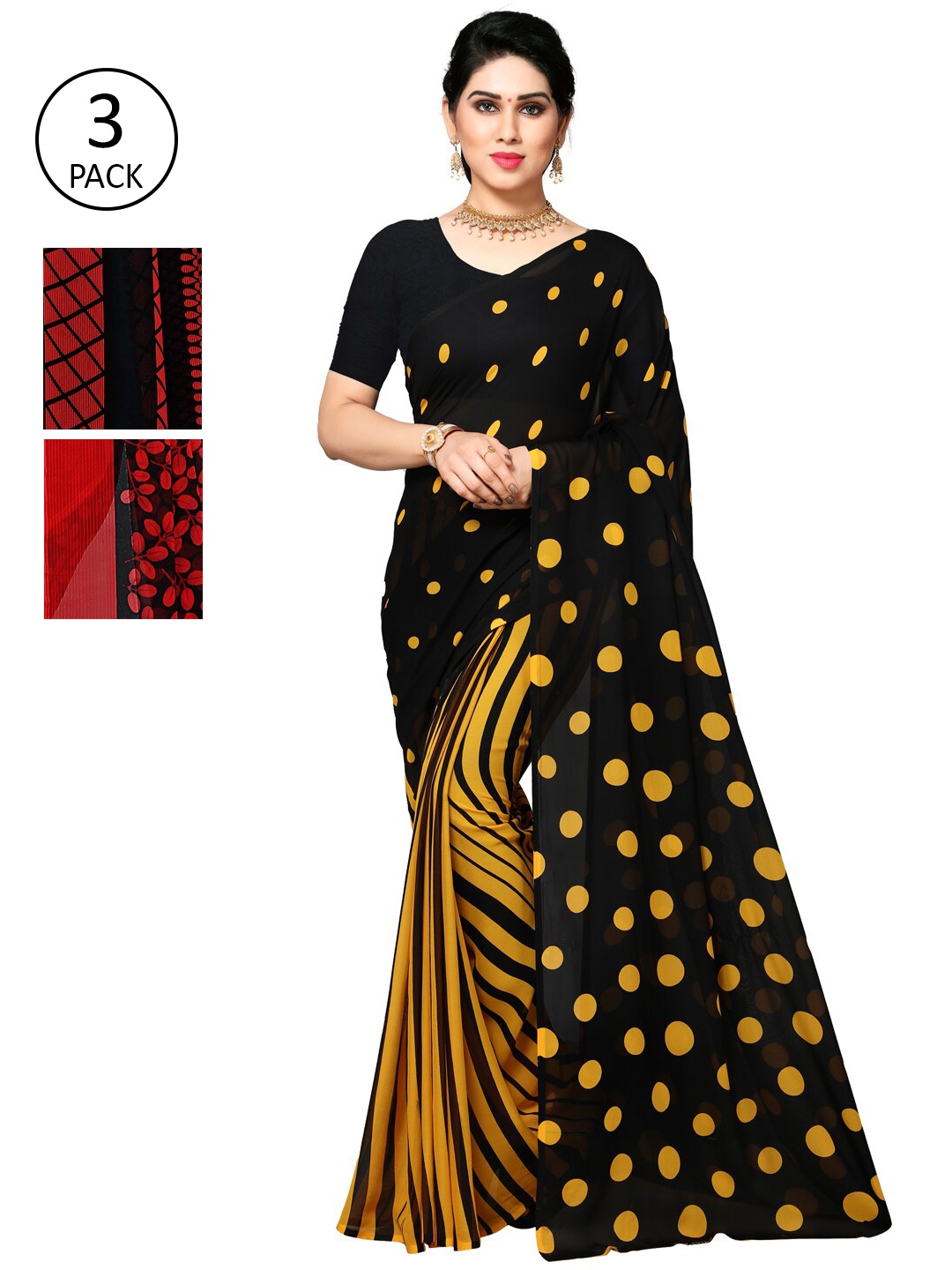 

KALINI Pack of 3 Printed Poly Georgette Sarees, Multi