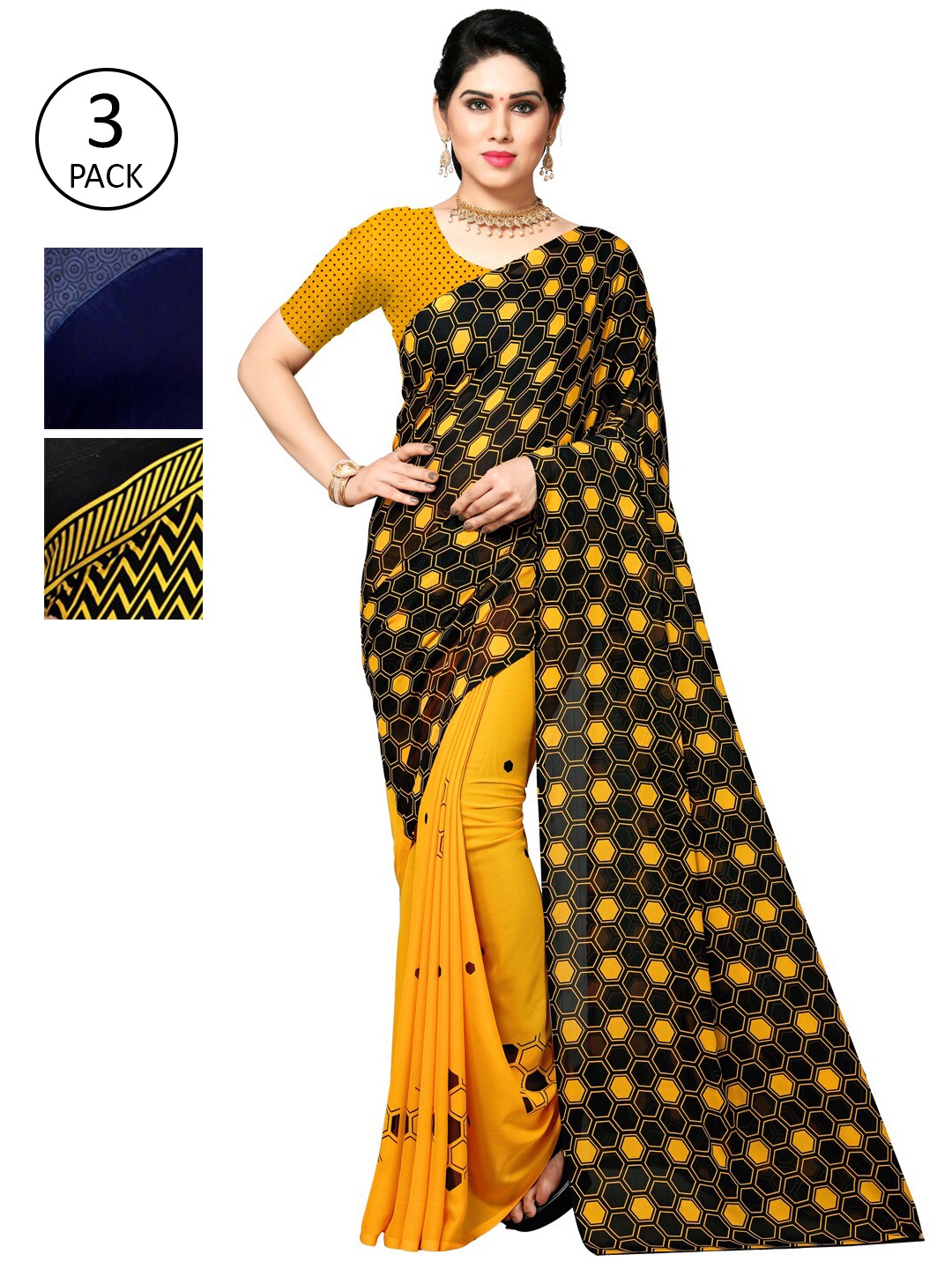 

KALINI Pack of 3 Poly Georgette Printed Sarees, Black