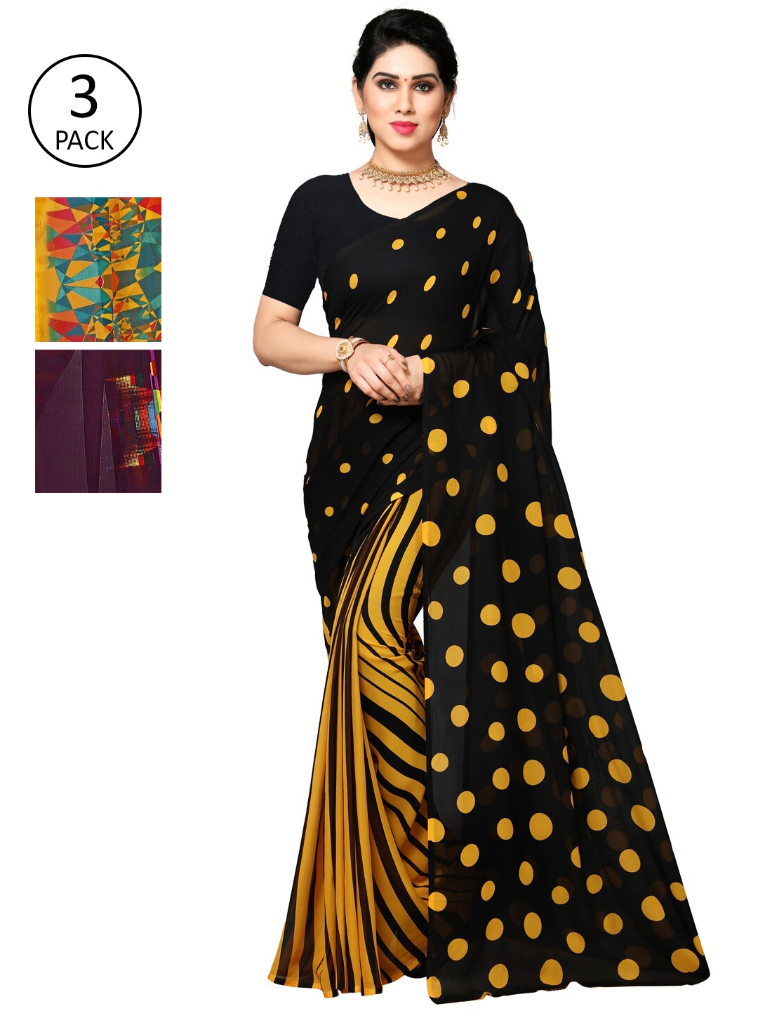 

KALINI Pack Of 3 Yellow & Black Saree