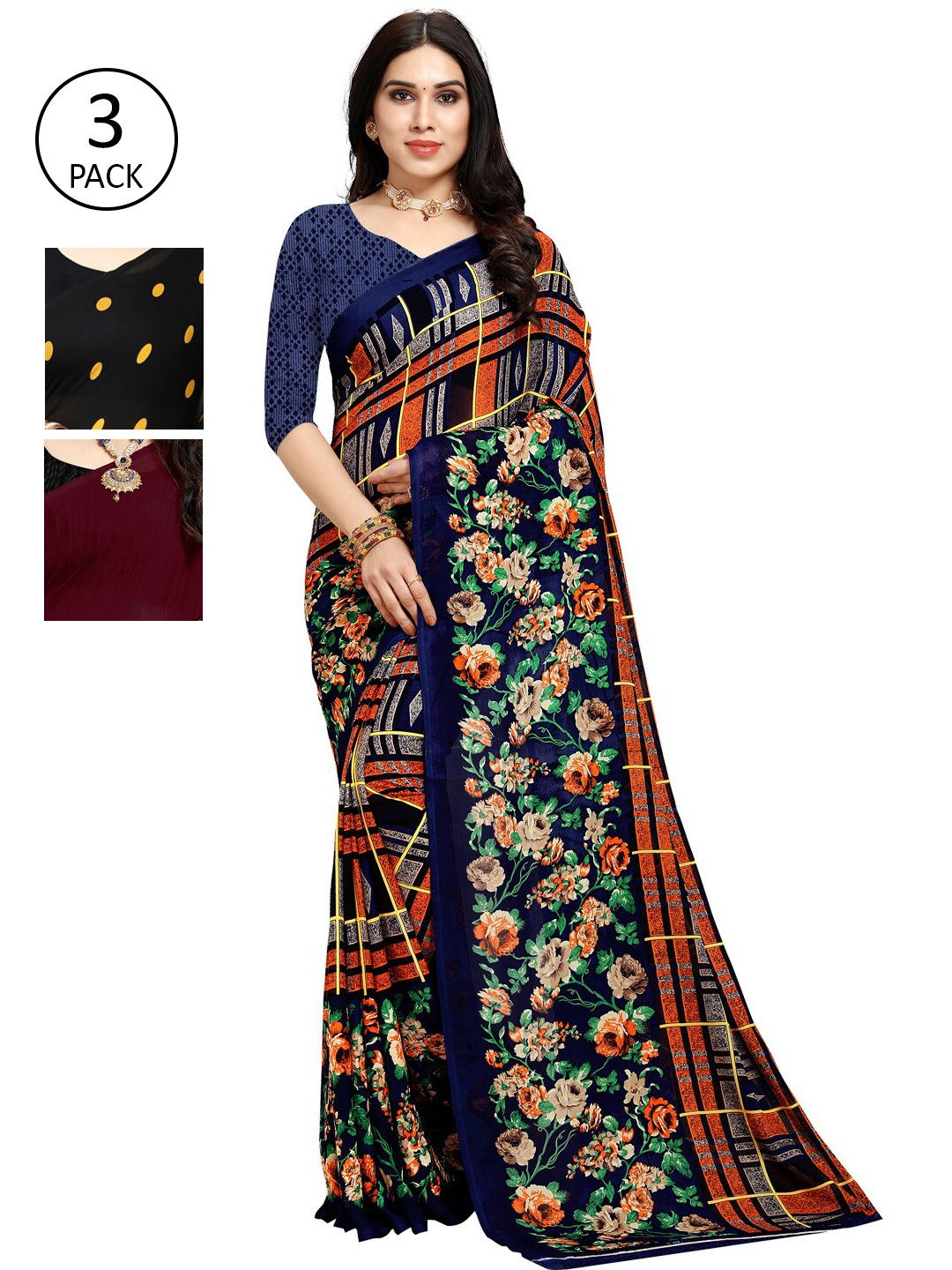 

KALINI Multicoloured Set of 3 Poly Georgette Saree, Multi