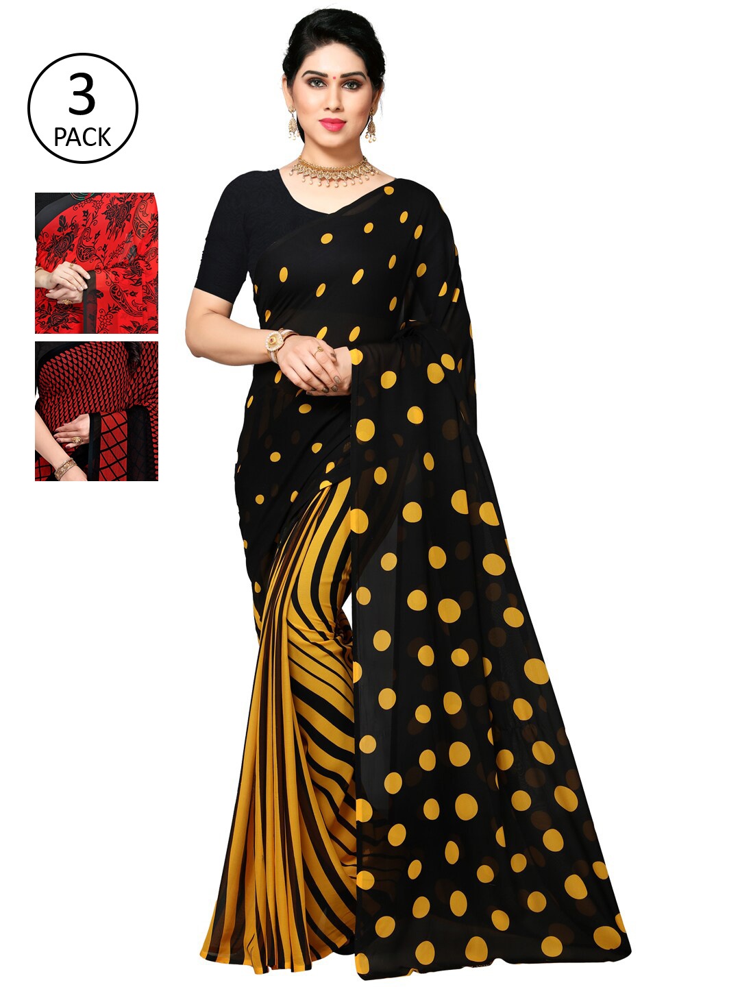 

KALINI Red & Yellow Pack of 3 Printed Saree