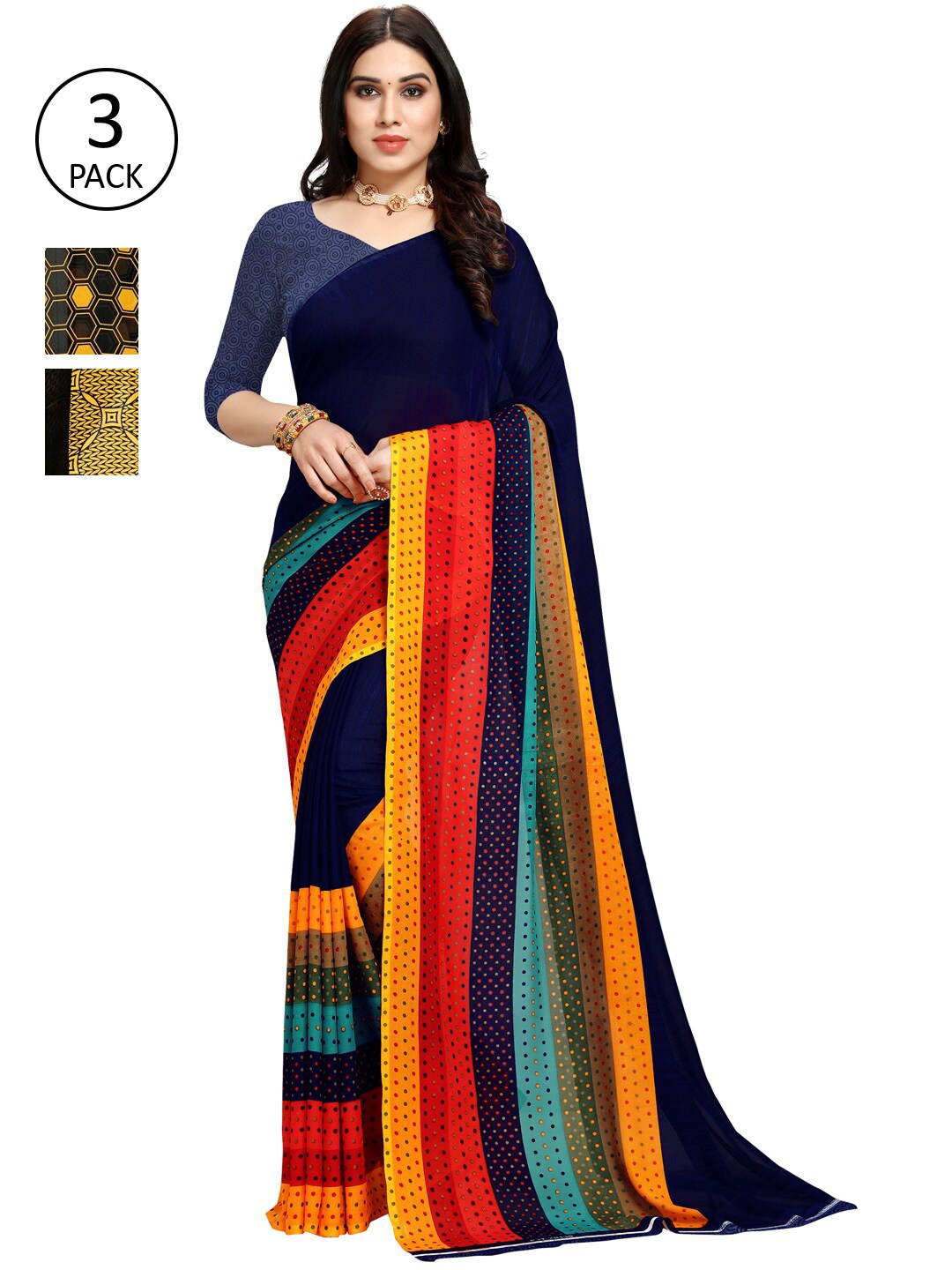 

KALINI Pack Of 3 Red & Blue Saree