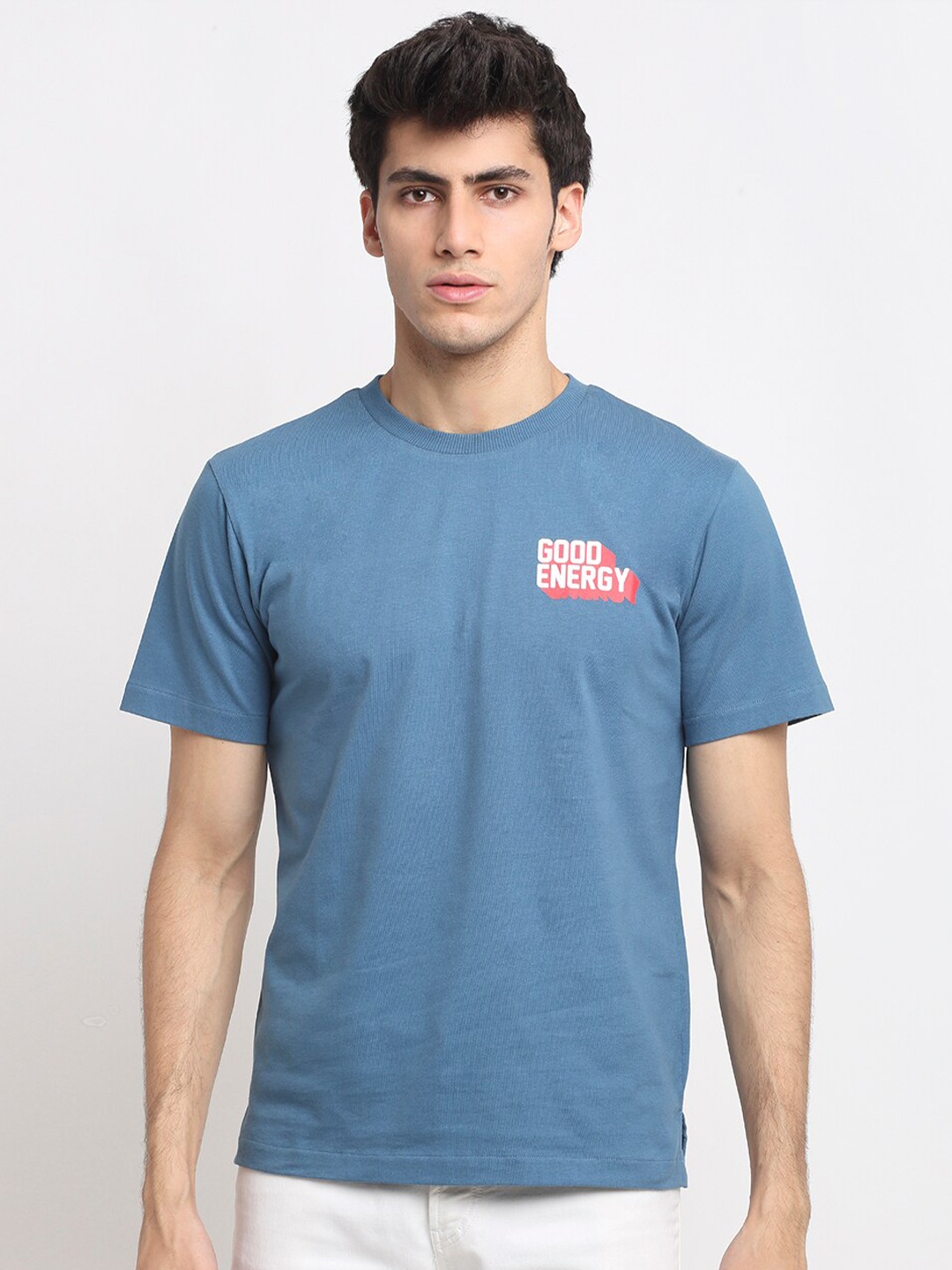 

Bhaane Men Blue Typography Placement Printed Cotton Pure Cotton T-shirt