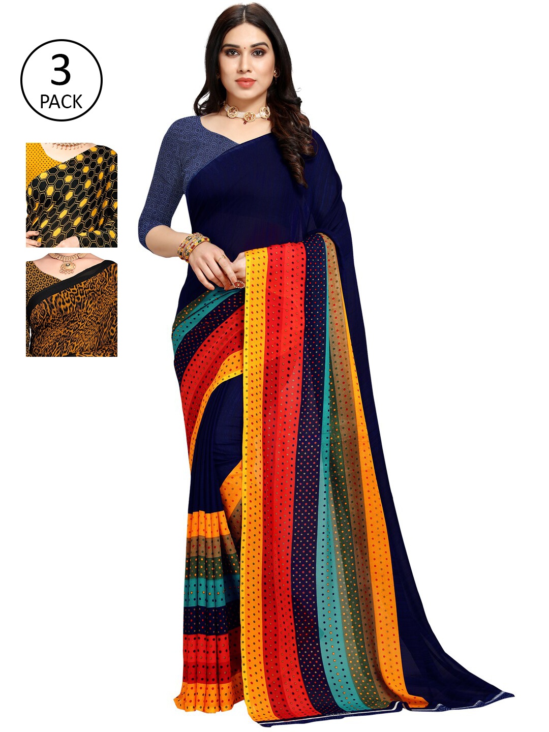 

KALINI Pack Of 3 Printed Sarees, Navy blue