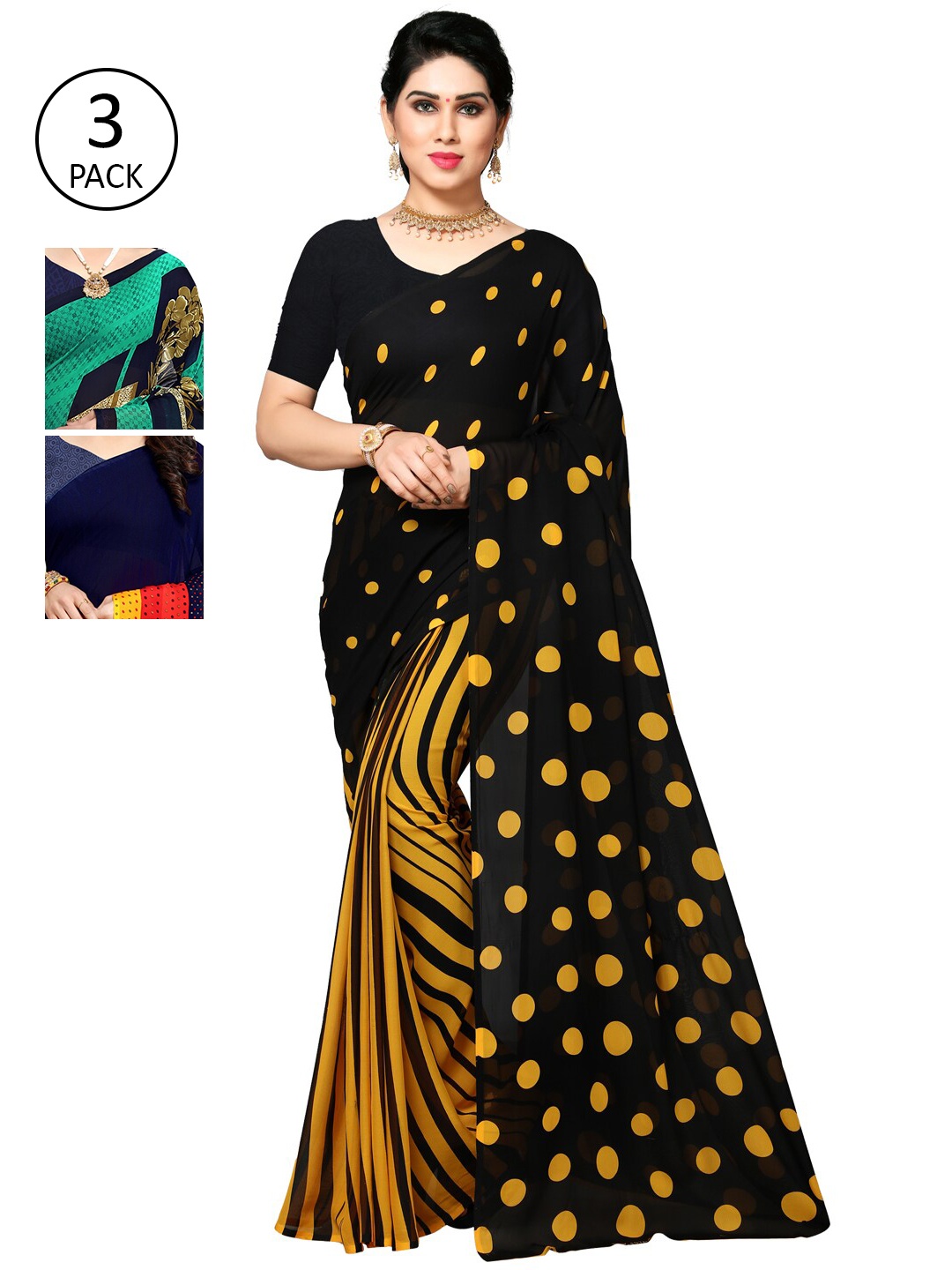

KALINI Pack of 3 Poly Georgette Sarees, Green