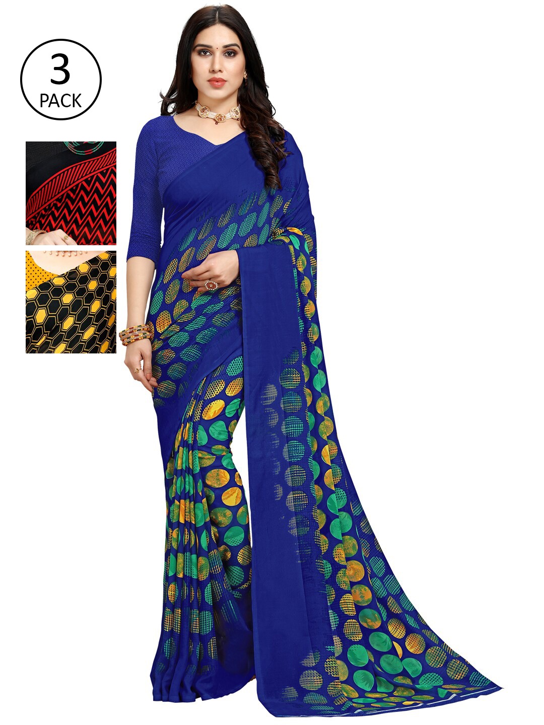 

KALINI Pack of 3 Black & Yellow Printed Saree