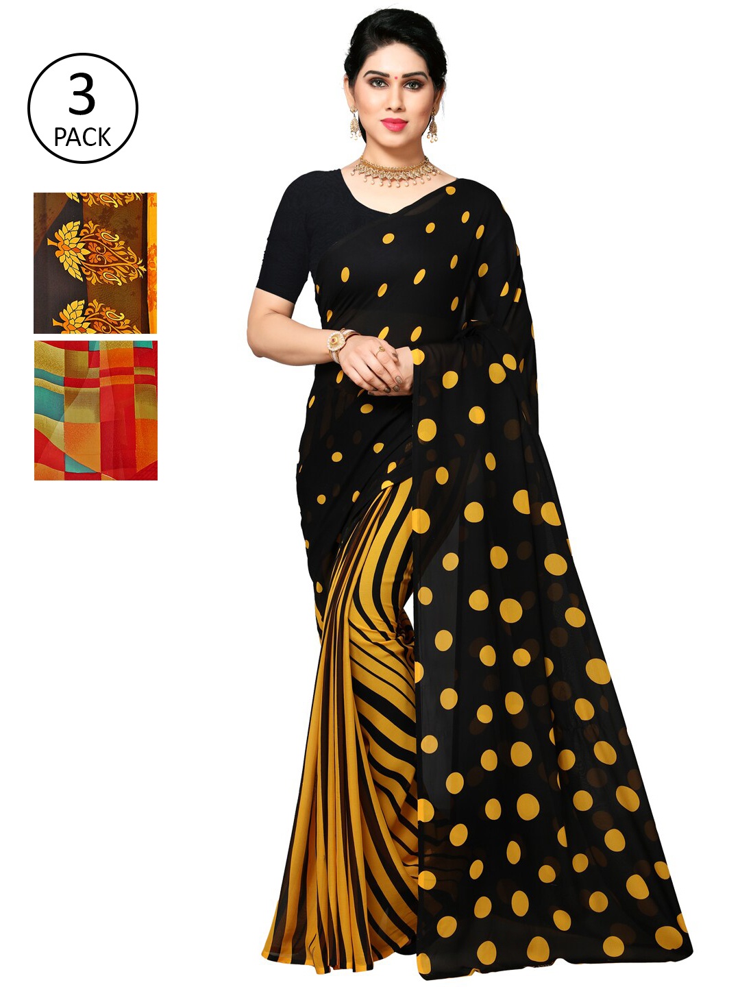

KALINI Women Pack of 3 Printed Poly Georgette Sarees, Yellow