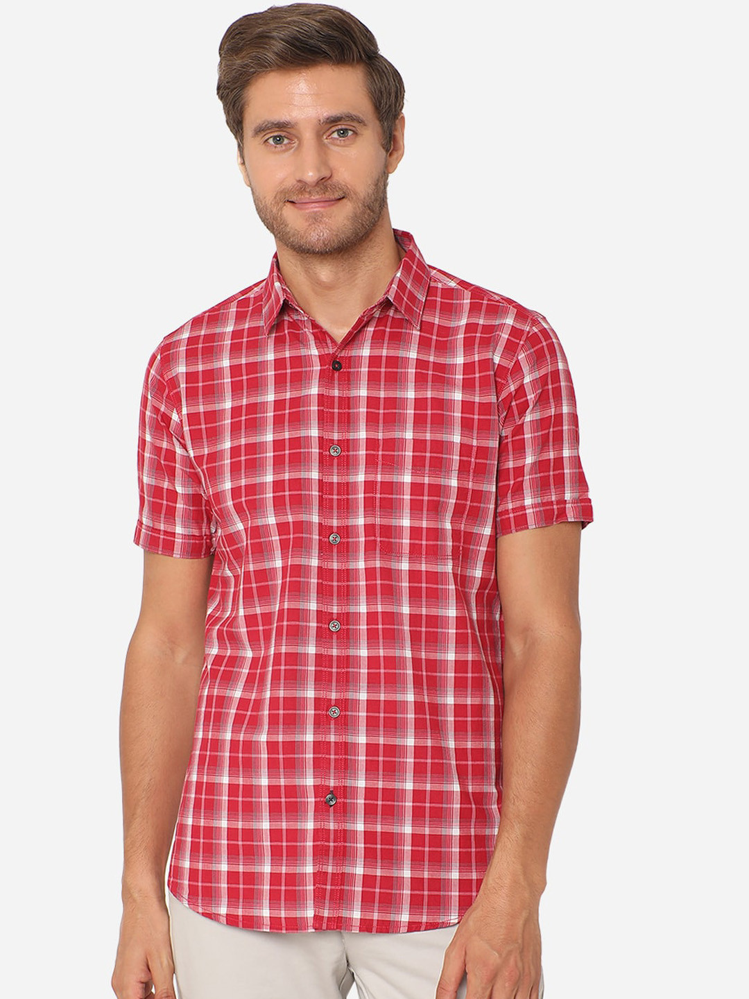

JADE BLUE Men Red Slim Fit Checked Pure Cotton Casual Shirt