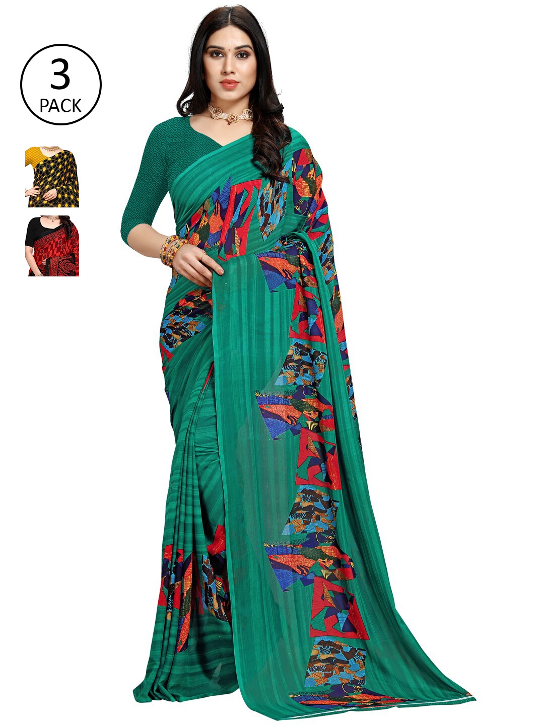 

KALINI Pack of 3 Printed Poly Georgette Sarees, Multi