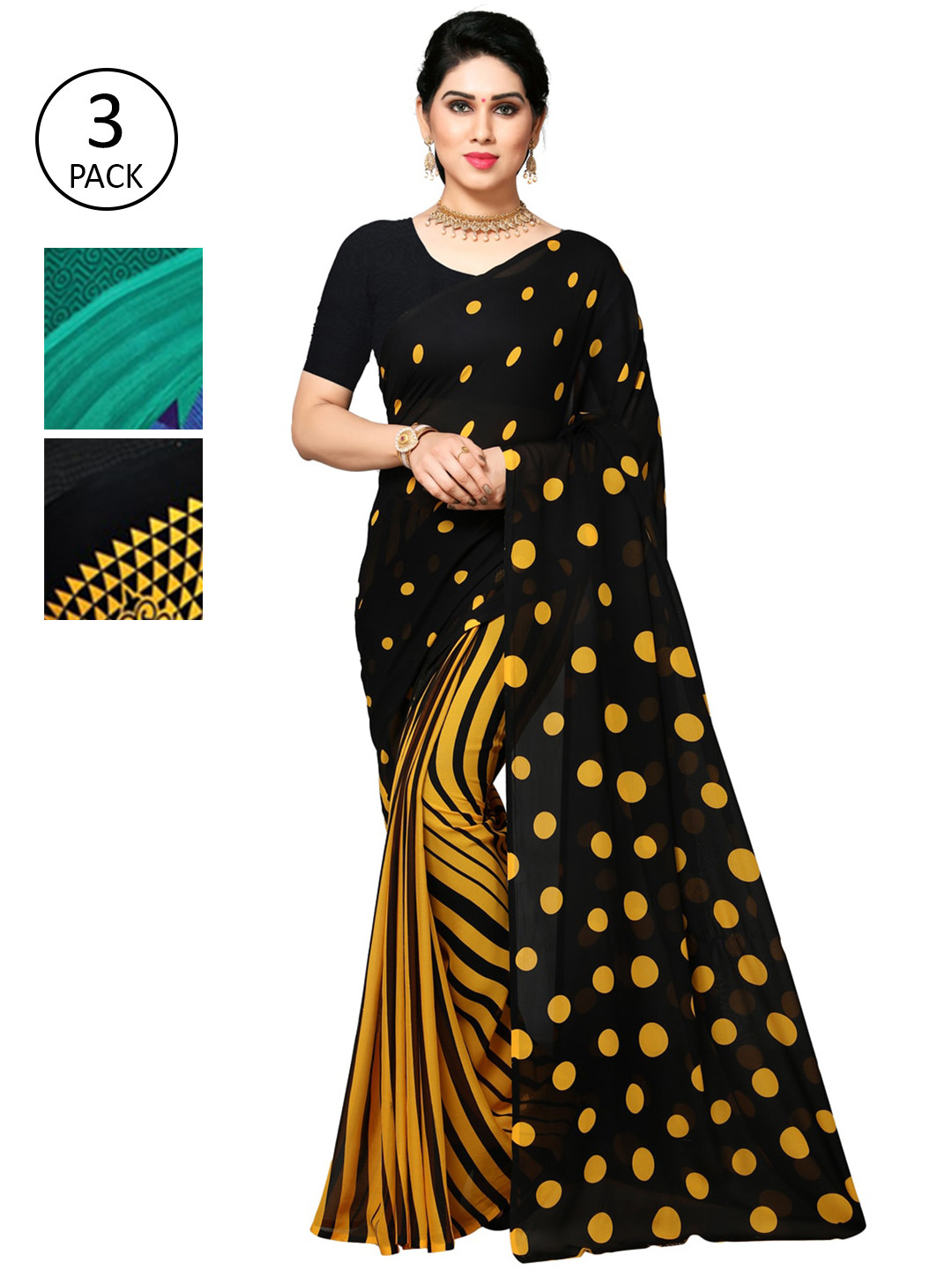 

KALINI Pack of 3 Poly Georgette Sarees, Black